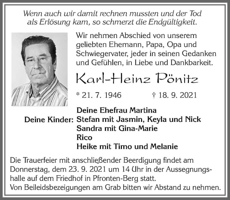  Traueranzeige für Karl-Heinz Pönitz vom 21.09.2021 aus Allgäuer Zeitung, Füssen
