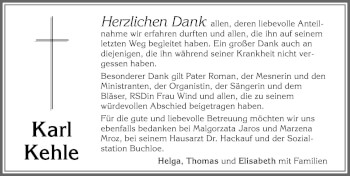 Traueranzeige von Karl Kehle von Allgäuer Zeitung, Kaufbeuren/Buchloe