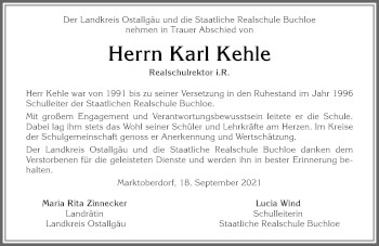 Traueranzeige von Karl Kehle von Allgäuer Zeitung, Kaufbeuren/Buchloe