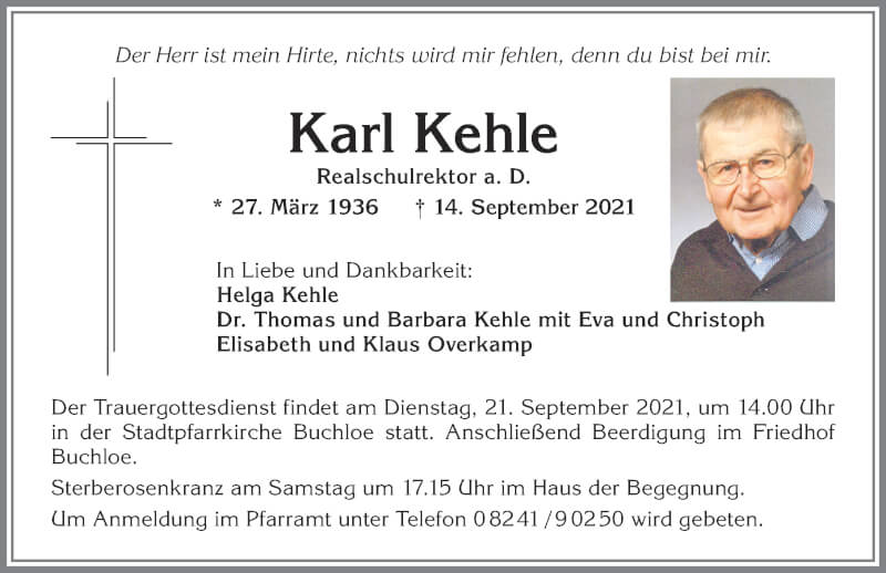  Traueranzeige für Karl Kehle vom 17.09.2021 aus Allgäuer Zeitung, Kaufbeuren/Buchloe