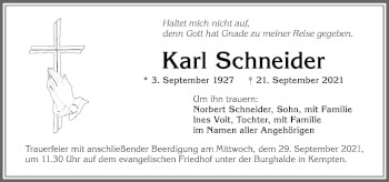 Traueranzeige von Karl Schneider von Allgäuer Zeitung,Kempten