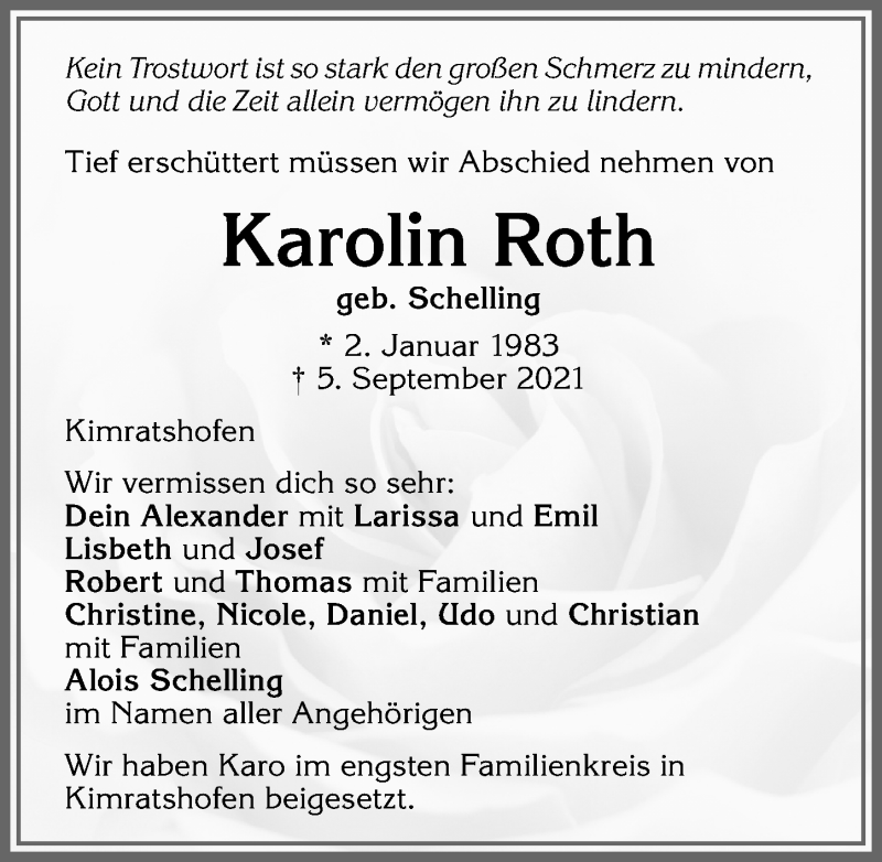  Traueranzeige für Karolin Roth vom 11.09.2021 aus Allgäuer Zeitung,Kempten