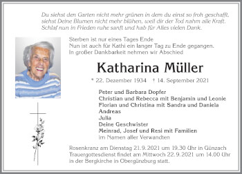 Traueranzeige von Katharina Müller von Allgäuer Zeitung, Marktoberdorf