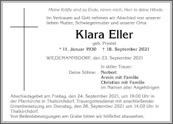 Traueranzeige von Klara Eller von Allgäuer Anzeigeblatt