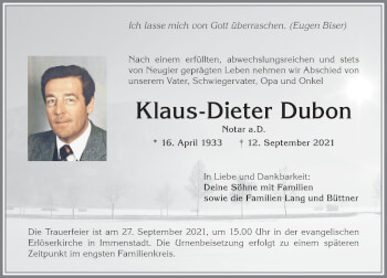 Traueranzeige von Klaus-Dieter Dubon von Allgäuer Anzeigeblatt