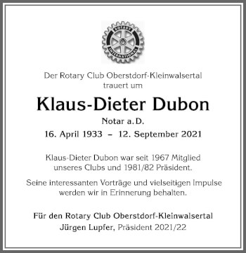 Traueranzeige von Klaus-Dieter Dubon von Allgäuer Anzeigeblatt