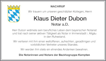 Traueranzeige von Klaus Dieter Dubon von Allgäuer Anzeigeblatt