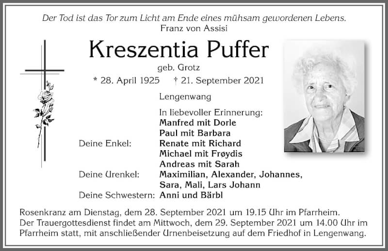  Traueranzeige für Kreszentia Puffer vom 25.09.2021 aus Allgäuer Zeitung, Marktoberdorf