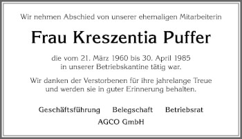 Traueranzeige von Kreszentia Puffer von Allgäuer Zeitung, Marktoberdorf