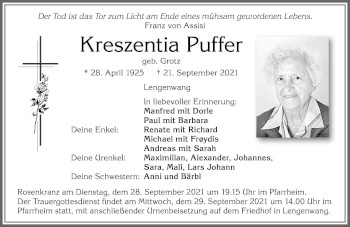 Traueranzeige von Kreszentia Puffer von Allgäuer Zeitung, Marktoberdorf