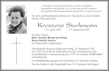 Traueranzeige von Kreszenz Starkmann von Allgäuer Zeitung, Kaufbeuren/Buchloe