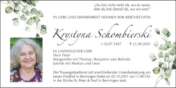 Traueranzeige von Krystyna Schombierski von Memminger Zeitung