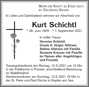 Traueranzeige von Kurt Schichtl von Allgäuer Zeitung, Füssen