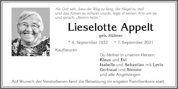 Traueranzeige von Lieselotte Appelt von Allgäuer Zeitung, Kaufbeuren/Buchloe