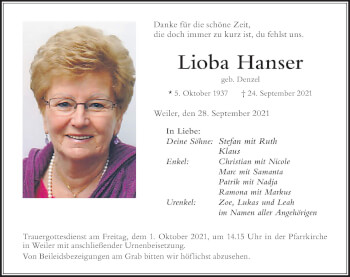 Traueranzeige von Lioba Hanser von Der Westallgäuer