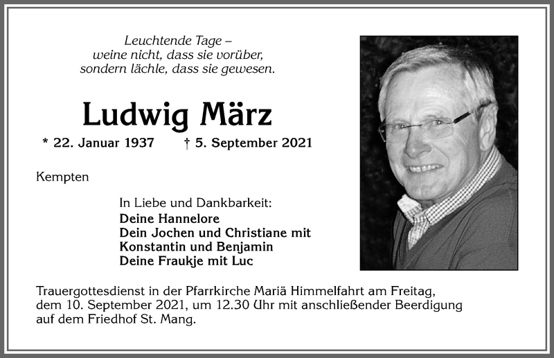  Traueranzeige für Ludwig März vom 08.09.2021 aus Allgäuer Zeitung,Kempten