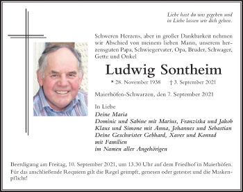 Traueranzeige von Ludwig Sontheim von Der Westallgäuer