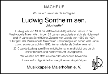 Traueranzeige von Ludwig Sontheim von Der Westallgäuer
