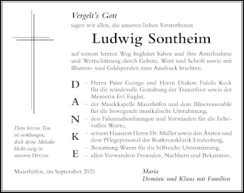 Traueranzeige von Ludwig Sontheim von Der Westallgäuer