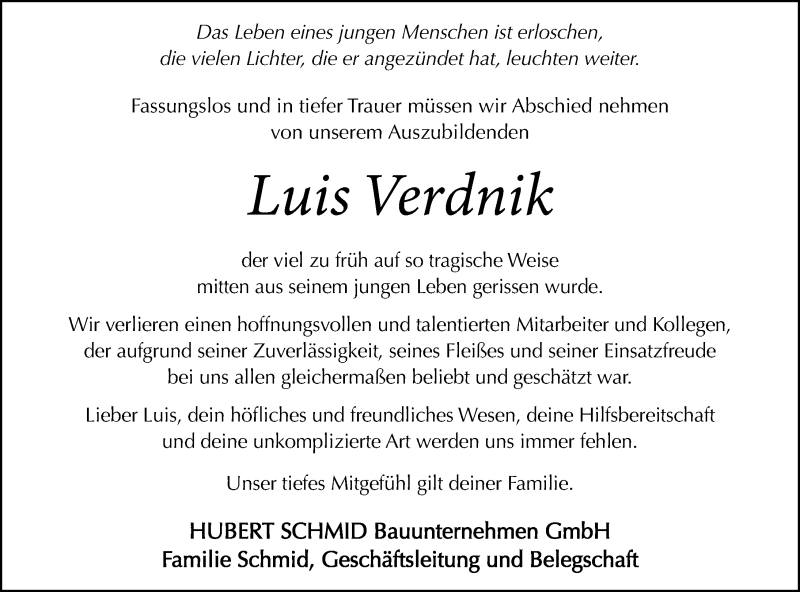  Traueranzeige für Luis Verdnik vom 08.09.2021 aus Allgäuer Zeitung, Marktoberdorf