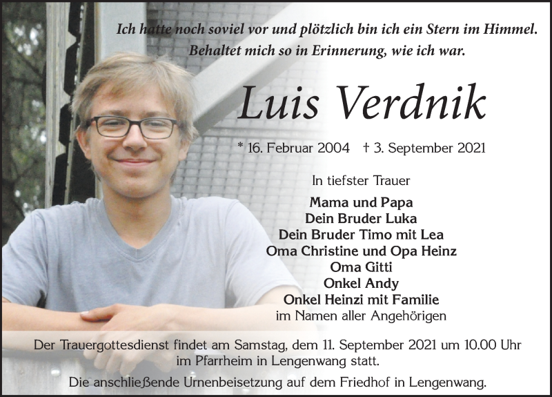  Traueranzeige für Luis Verdnik vom 07.09.2021 aus Allgäuer Zeitung