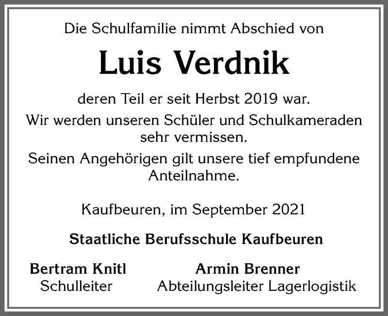  Traueranzeige für Luis Verdnik vom 10.09.2021 aus Allgäuer Zeitung, Marktoberdorf