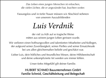Traueranzeige von Luis Verdnik von Allgäuer Zeitung, Marktoberdorf