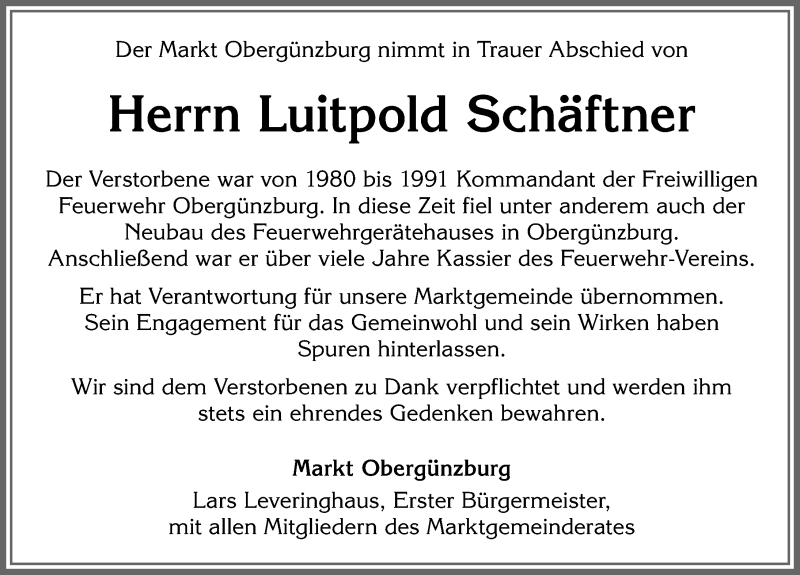  Traueranzeige für Luitpold Schäftner vom 16.09.2021 aus Allgäuer Zeitung, Marktoberdorf