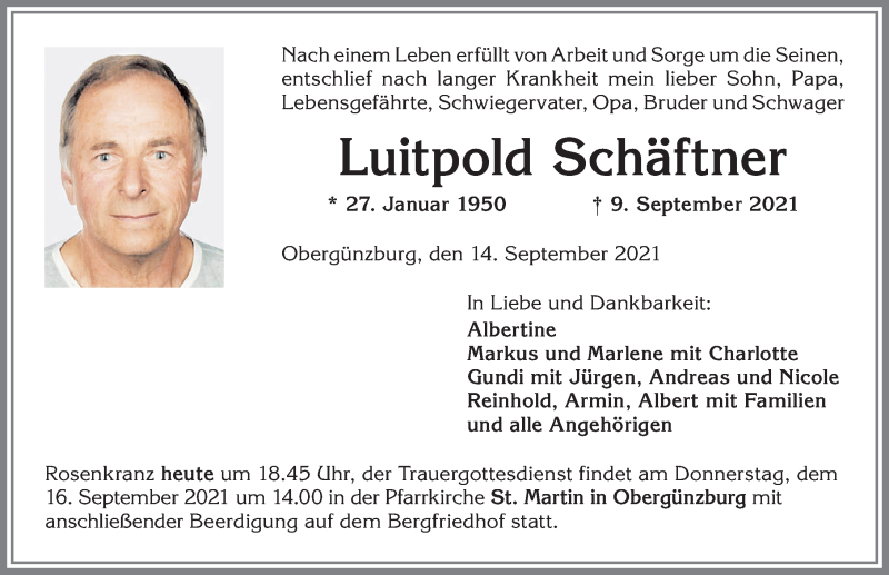  Traueranzeige für Luitpold Schäftner vom 14.09.2021 aus Allgäuer Zeitung, Marktoberdorf