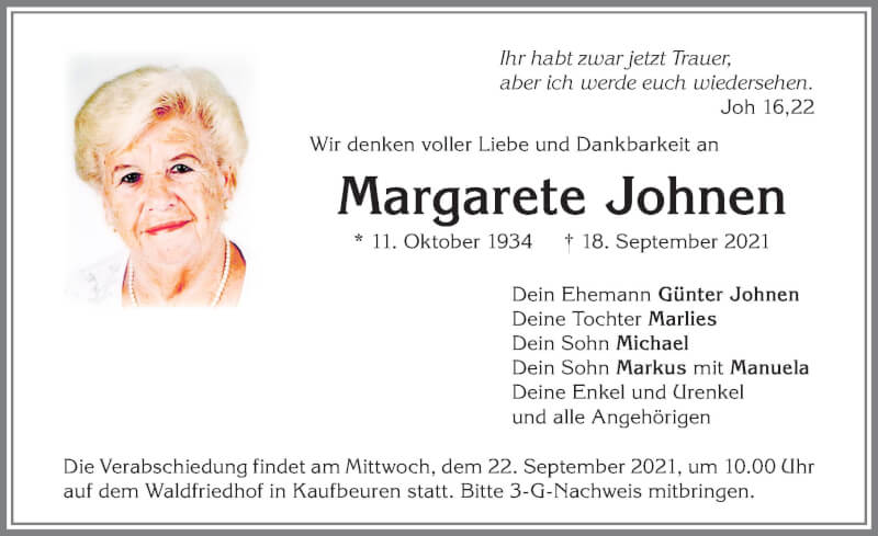  Traueranzeige für Margarete Johnen vom 21.09.2021 aus Allgäuer Zeitung, Kaufbeuren/Buchloe