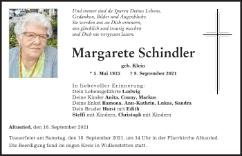 Traueranzeige von Margarete Schindler von Allgäuer Zeitung,Kempten