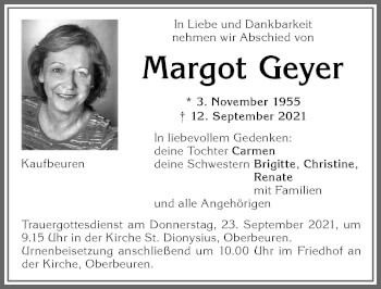 Traueranzeige von Margot Geyer von Allgäuer Zeitung, Kaufbeuren/Buchloe