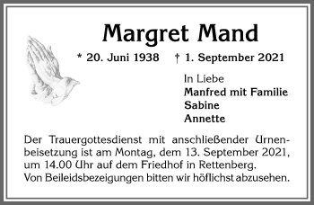 Traueranzeige von Margret Mand von Allgäuer Anzeigeblatt