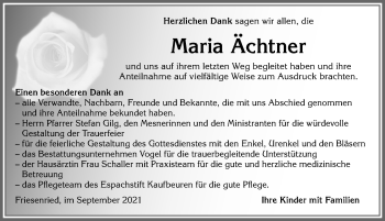 Traueranzeige von Maria Ächtner von Allgäuer Zeitung, Kaufbeuren/Buchloe