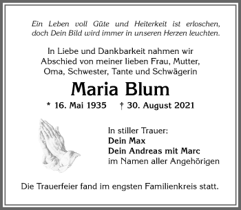 Traueranzeige von Maria Blum von Allgäuer Anzeigeblatt