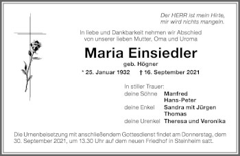 Traueranzeige von Maria Einsiedler von Memminger Zeitung