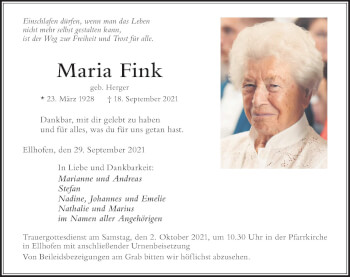 Traueranzeige von Maria Fink von Der Westallgäuer