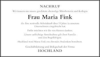Traueranzeige von Maria Fink von Der Westallgäuer