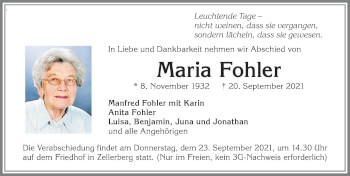 Traueranzeige von Maria Fohler von Allgäuer Zeitung, Kaufbeuren/Buchloe