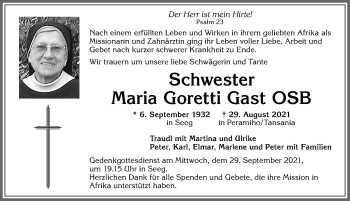 Traueranzeige von Maria Goretti Gast von Allgäuer Zeitung, Füssen