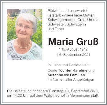Traueranzeige von Maria Gruß von Memminger Zeitung