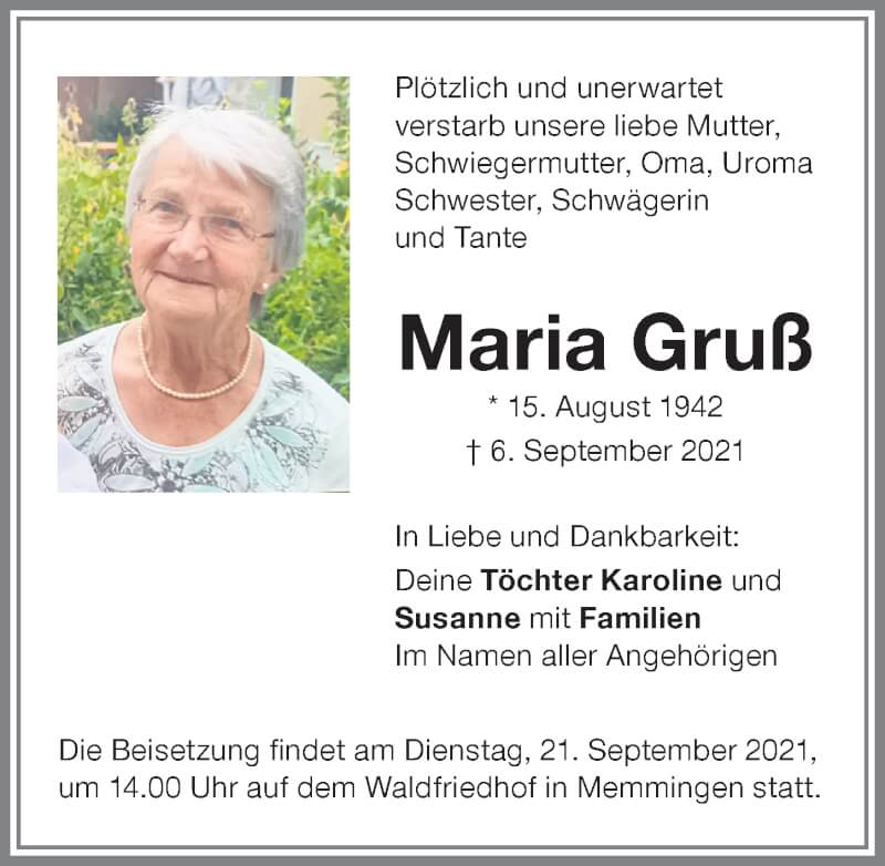  Traueranzeige für Maria Gruß vom 18.09.2021 aus Memminger Zeitung