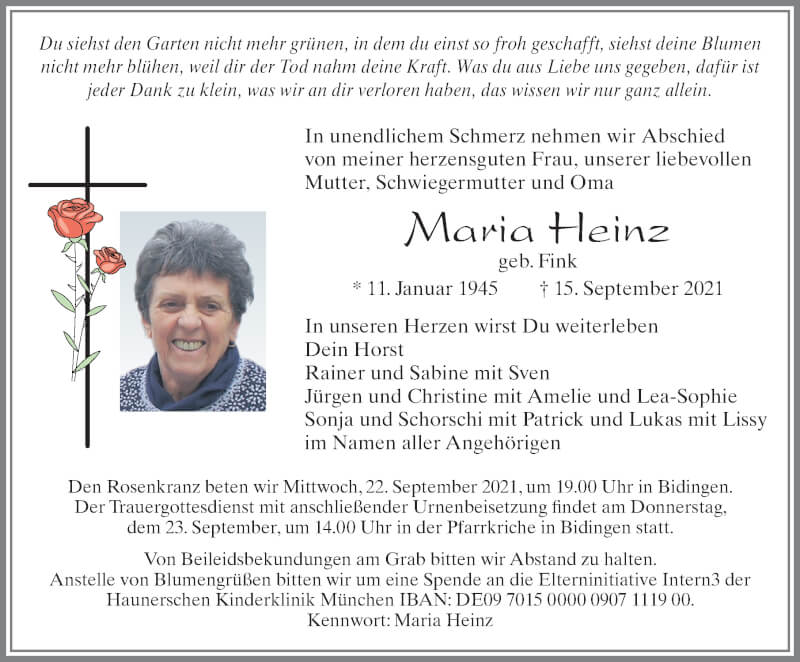  Traueranzeige für Maria Heinz vom 20.09.2021 aus Allgäuer Zeitung, Marktoberdorf