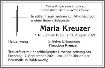Traueranzeige von Maria Kreuzer von Allgäuer Zeitung,Kempten