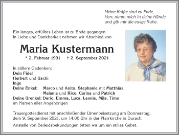 Traueranzeige von Maria Kustermann von Allgäuer Zeitung,Kempten