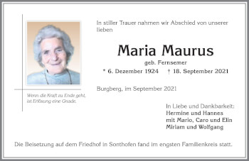 Traueranzeige von Maria Maurus von Allgäuer Anzeigeblatt