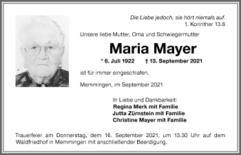 Traueranzeige von Maria Mayer von Memminger Zeitung
