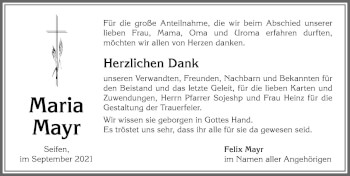 Traueranzeige von Maria Mayr von Allgäuer Anzeigeblatt