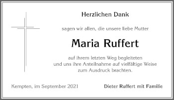 Traueranzeige von Maria Ruffert von Allgäuer Zeitung,Kempten