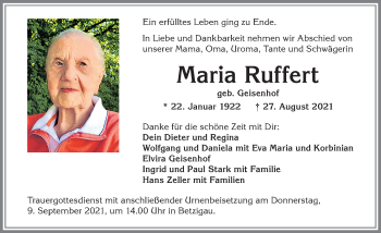 Traueranzeige von Maria Ruffert von Allgäuer Zeitung,Kempten